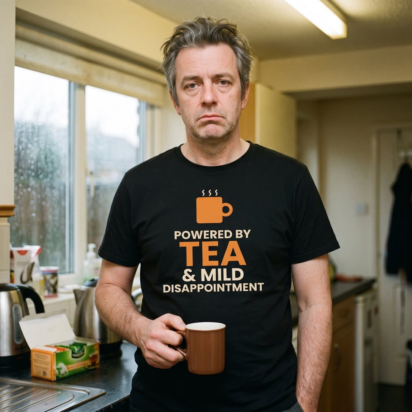 Powered By Tea & Mild Disappointment t-shirt being worn