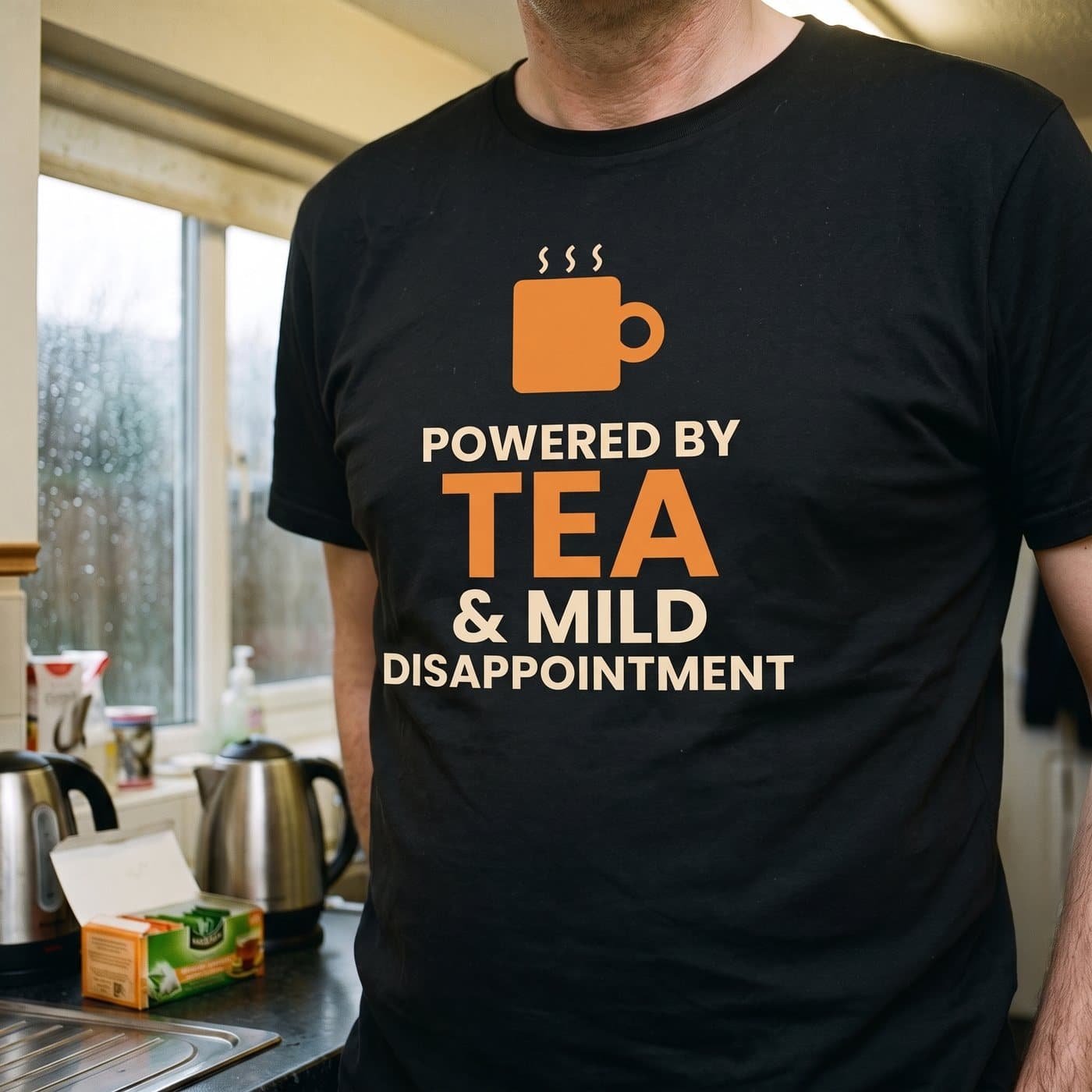 Powered By Tea & Mild Disappointment t-shirt in Black, close-up of the print