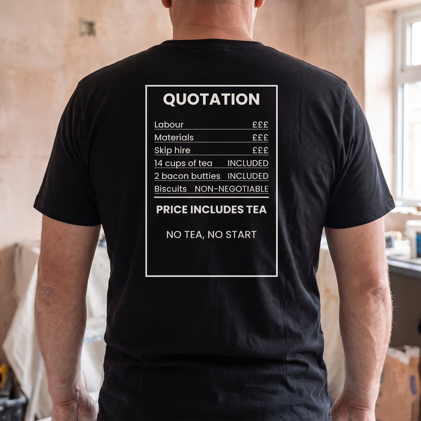 Price Includes Tea t-shirt in Black, close-up of the print on the back