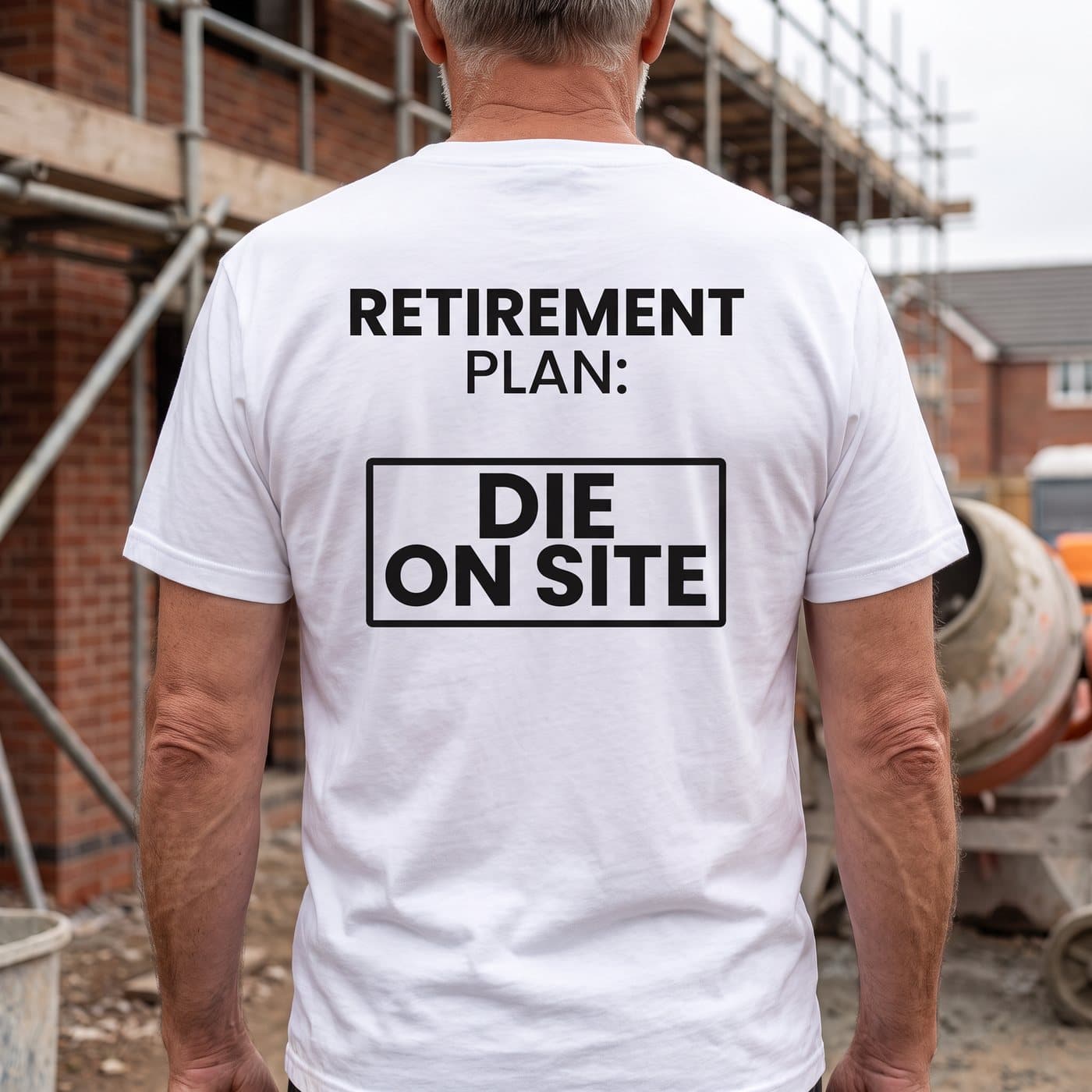 Retirement Plan: Die On Site t-shirt in White, close-up of the print on the back