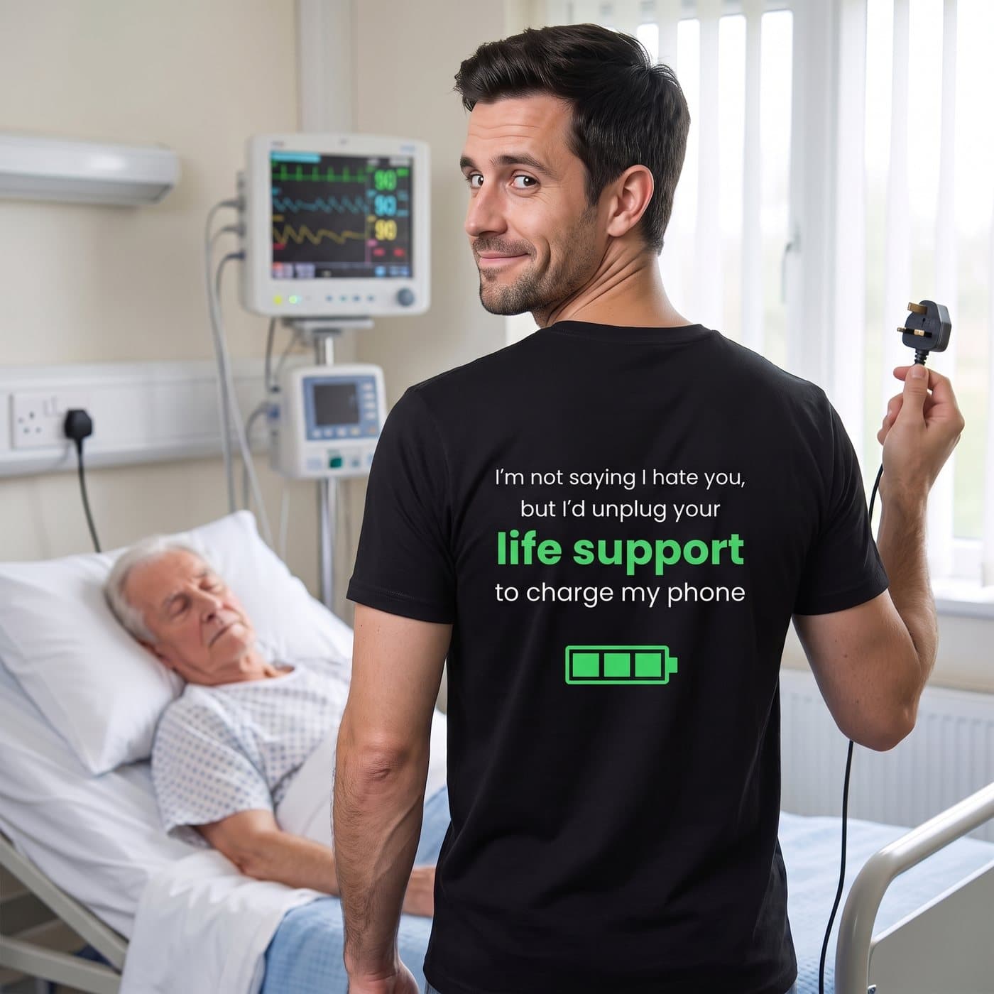 I'd Unplug Your Life Support To Charge My Phone t-shirt being worn