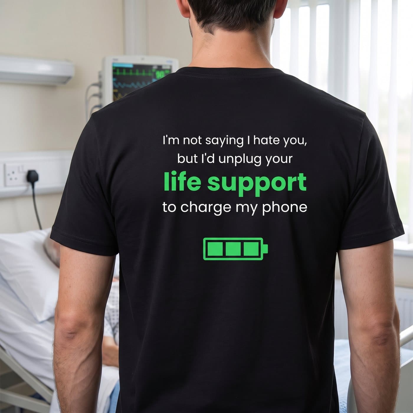 I'd Unplug Your Life Support To Charge My Phone t-shirt in Black, close-up of the print on the back