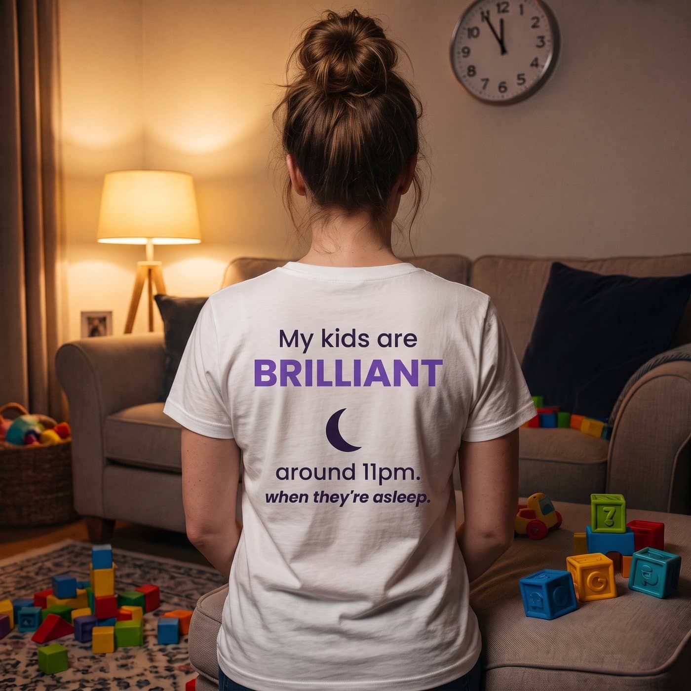 My Kids Are Brilliant... Around 11pm t-shirt in White, close-up of the print on the back