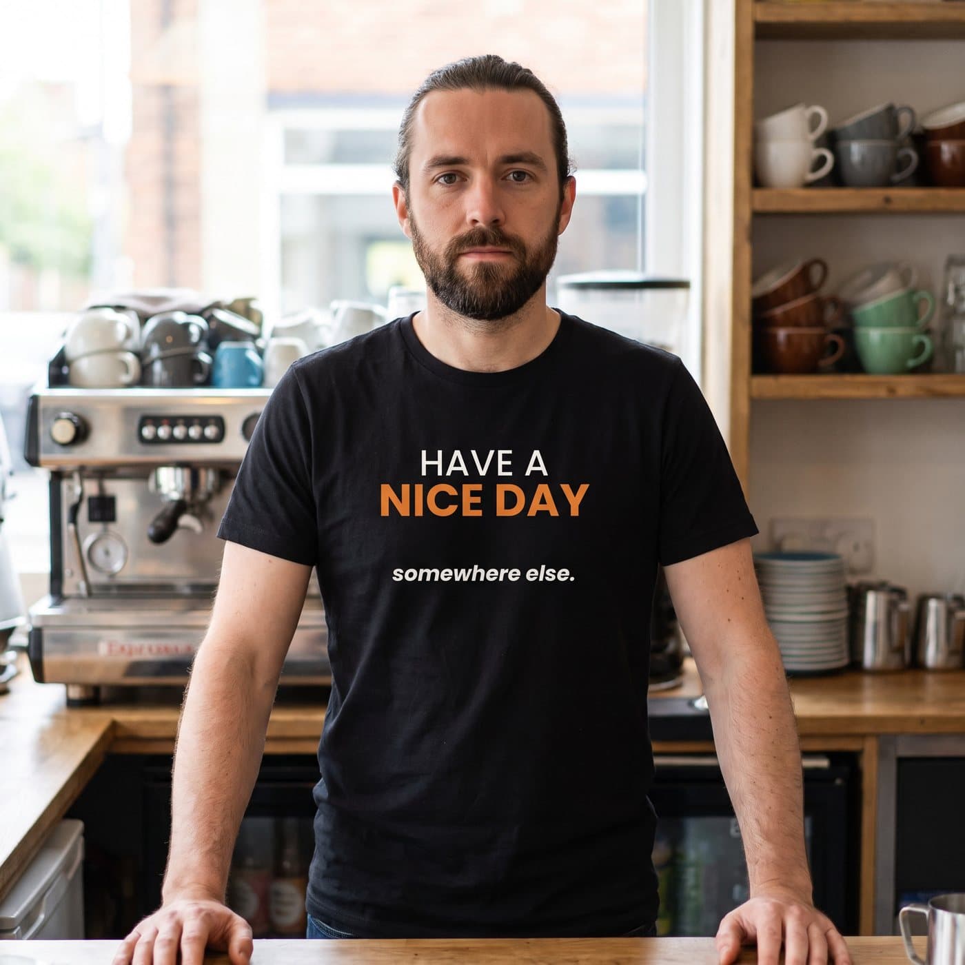 Have A Nice Day... Somewhere Else t-shirt being worn