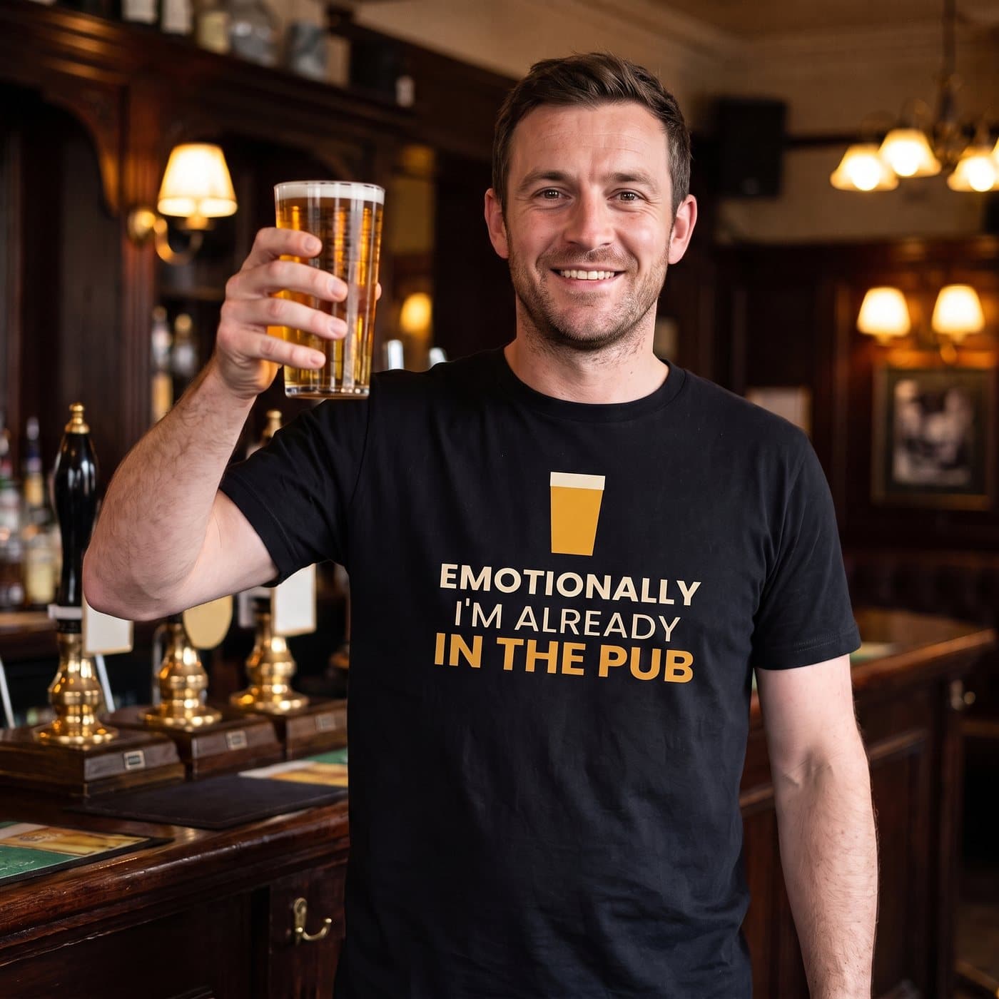 Emotionally I'm Already In The Pub t-shirt being worn