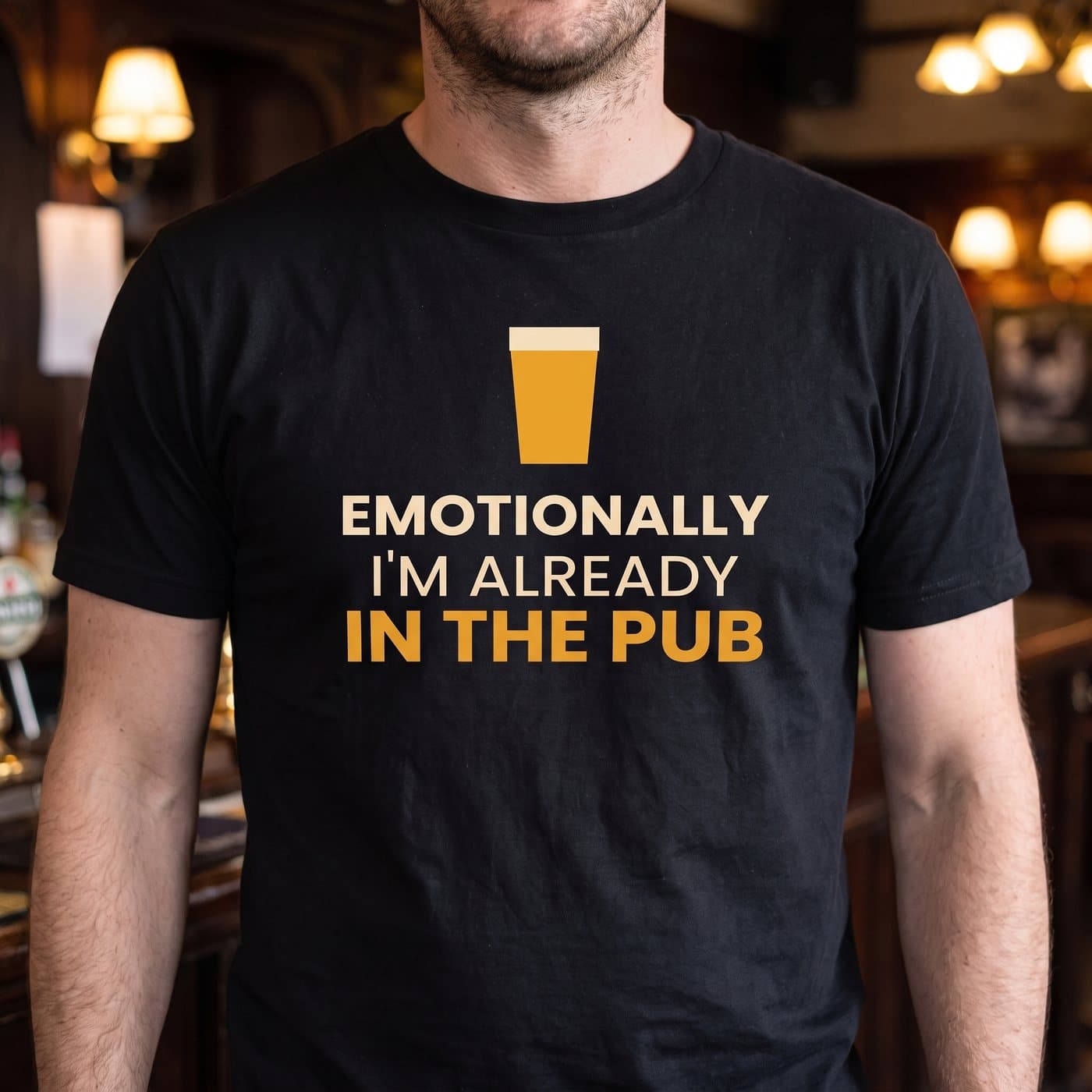 Emotionally I'm Already In The Pub t-shirt in Black, close-up of the print