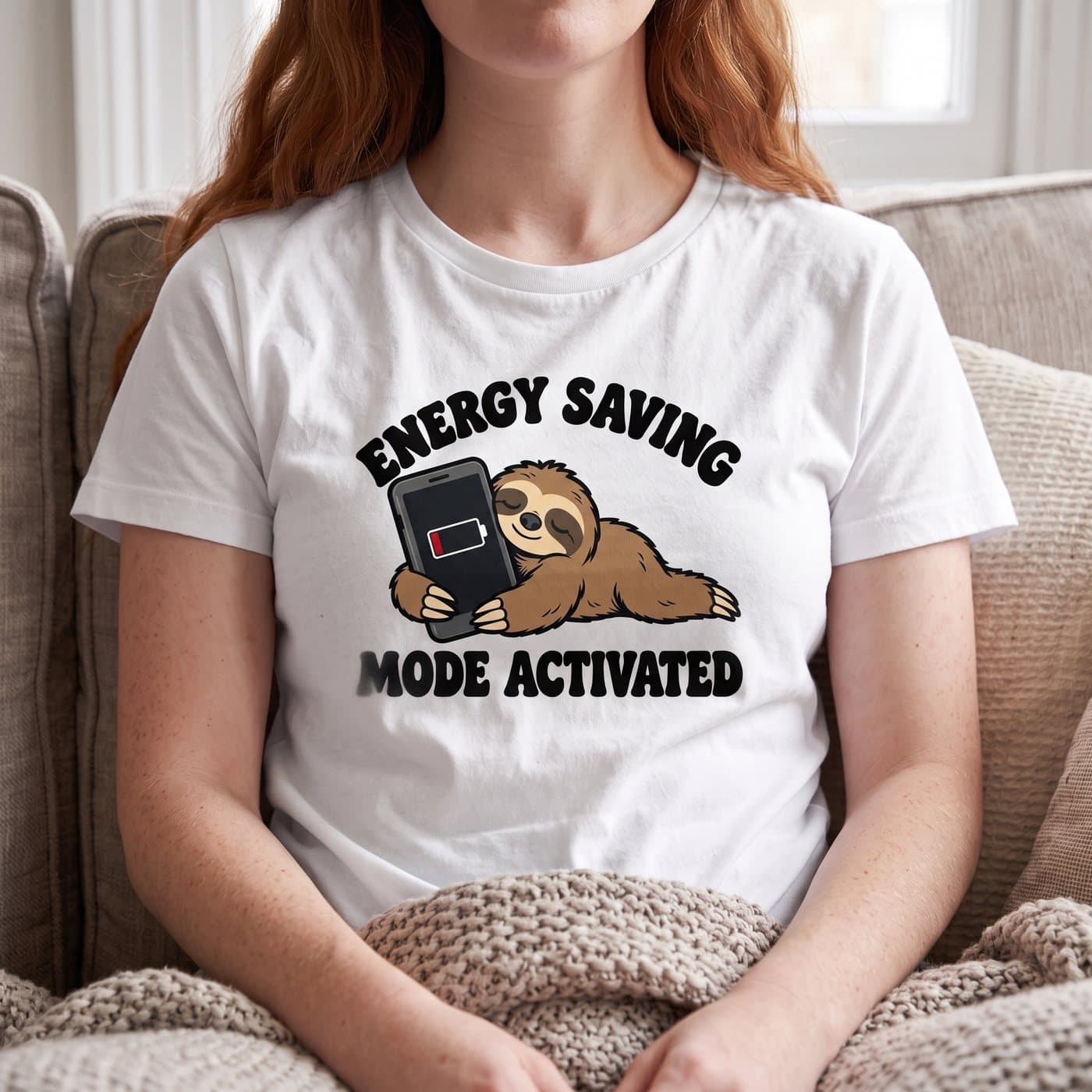 Energy Saving Mode Activated t-shirt in White, close-up of the print