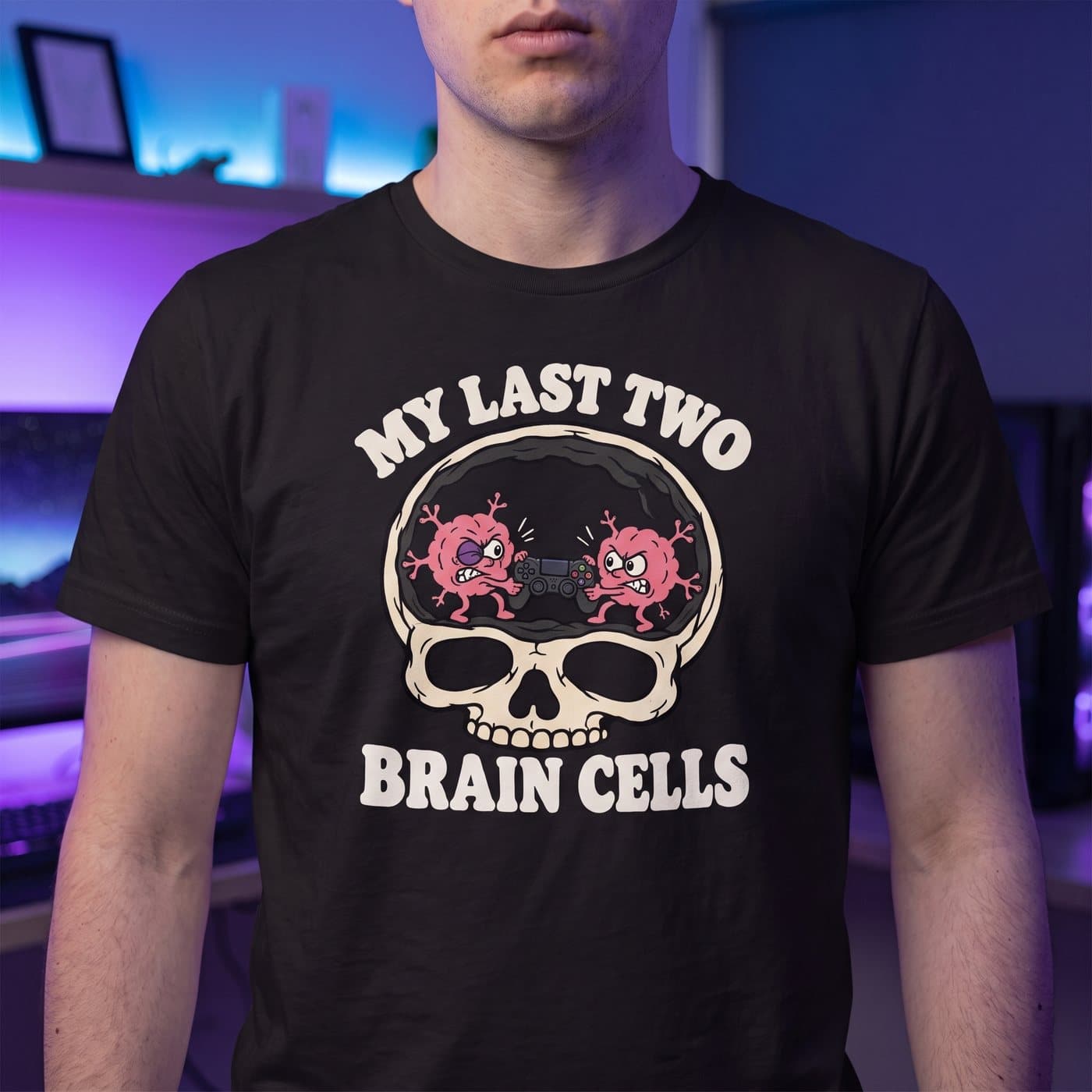 My Last Two Brain Cells t-shirt in Black, close-up of the print