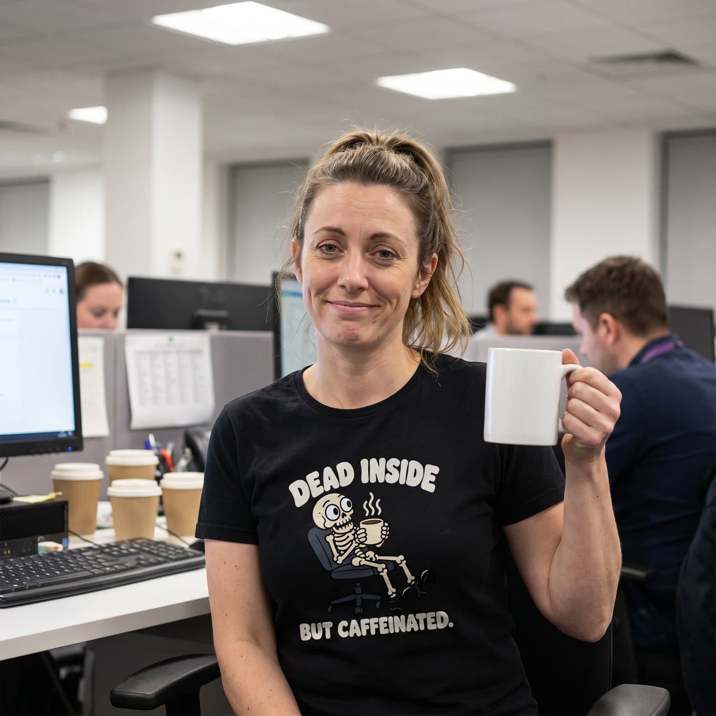Dead Inside (But Caffeinated) t-shirt being worn