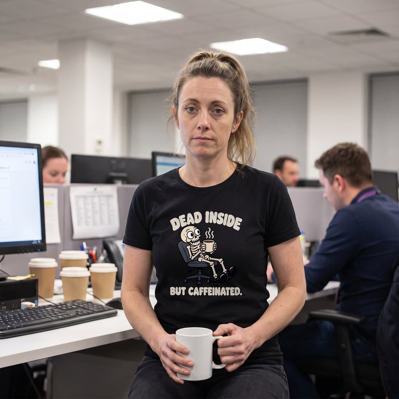 Dead Inside (But Caffeinated) t-shirt in Black, worn, side angle