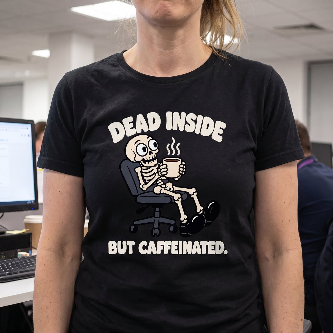 Dead Inside (But Caffeinated) t-shirt in Black, close-up of the print