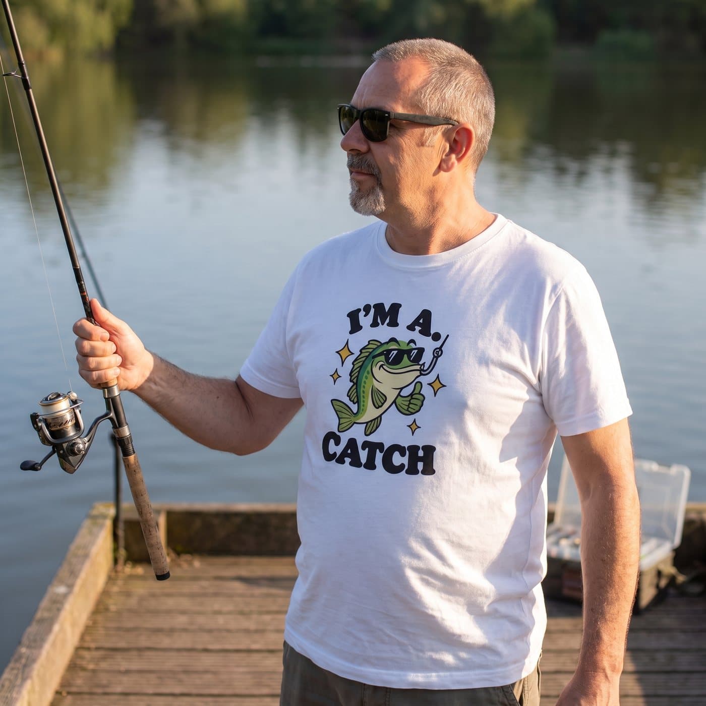 I'm A Catch t-shirt in White, worn, side angle
