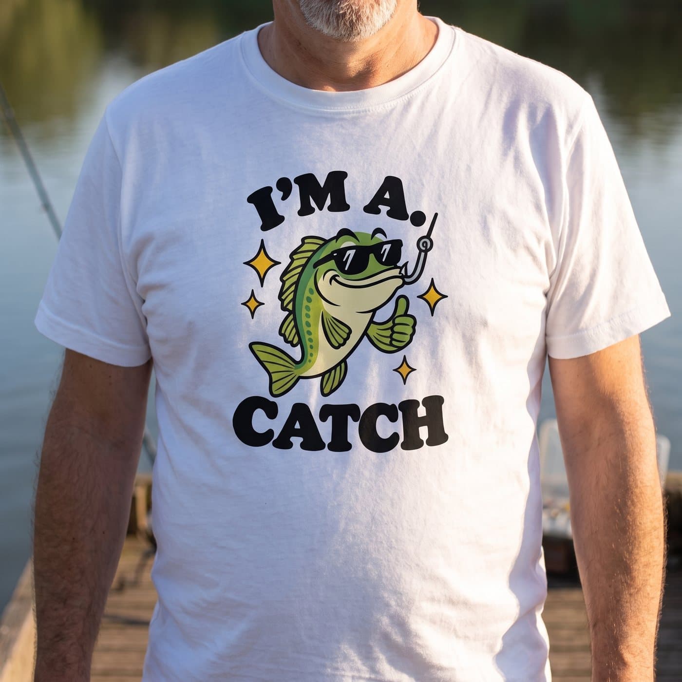 I'm A Catch t-shirt in White, close-up of the print