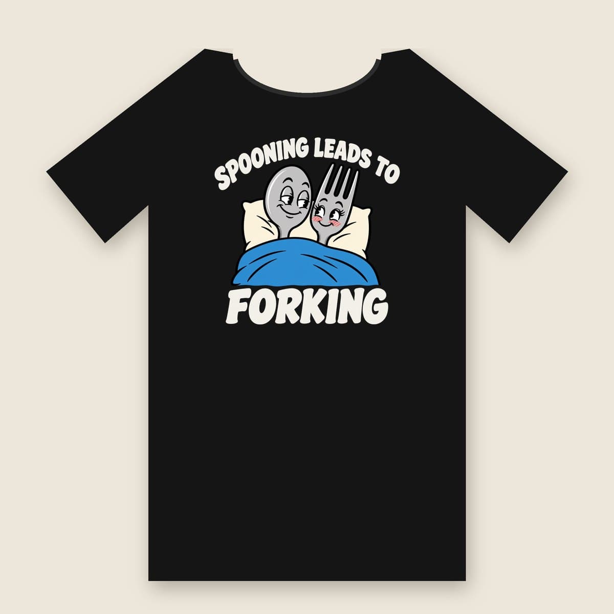 Spooning Leads To Forking t-shirt in Black, laid flat