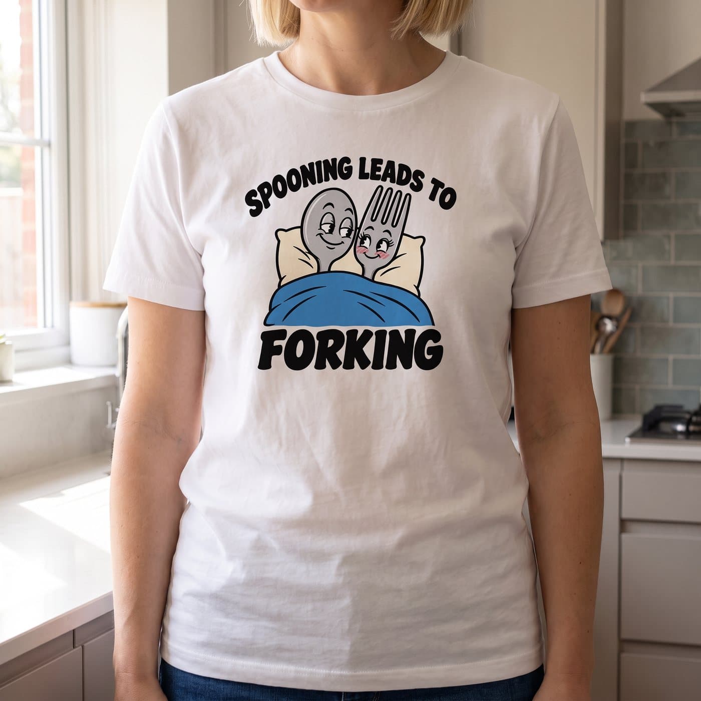 Spooning Leads To Forking t-shirt in White, close-up of the print